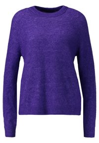 Lila Pullover verfügt über einen runden Ausschnitt, lange Ärmel und eine weiche, strukturierte Oberfläche. Der Saum ist gerippt, was ein figurbetontes Aussehen am Ende verleiht.