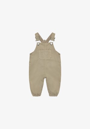 Tuta beige in cotone con spalline regolabili, tasca frontale e polsini elastici alle caviglie per una vestibilità sicura. Tessuto liscio, design semplice.