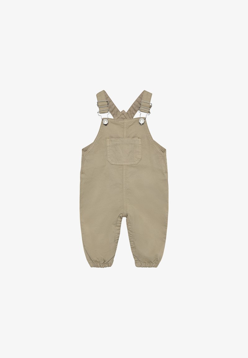 Beige katoenen overalls met verstelbare bandjes, een voorzak en elastische boorden bij de enkels voor een goede pasvorm. Soepele textuur, eenvoudig ontwerp.
