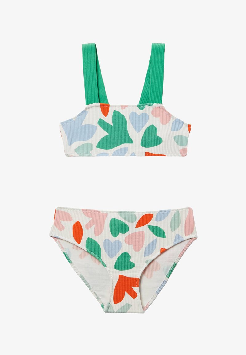 Maillot de bain deux pièces côtelé avec bretelles vertes, orné d'un motif de grands cœurs colorés et de feuilles sur fond blanc.
