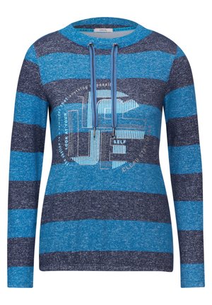 Blauw en marine gestreepte lange mouwen top met een capuchon, voorzien van een grafische print en trekkoordjes. Gemaakt van zachte, textuurstof.