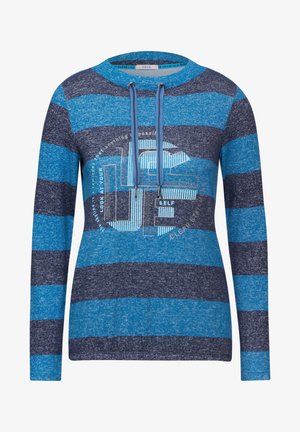 Blauw en marine gestreepte lange mouwen top met een capuchon, voorzien van een grafische print en trekkoordjes. Gemaakt van zachte, textuurstof.