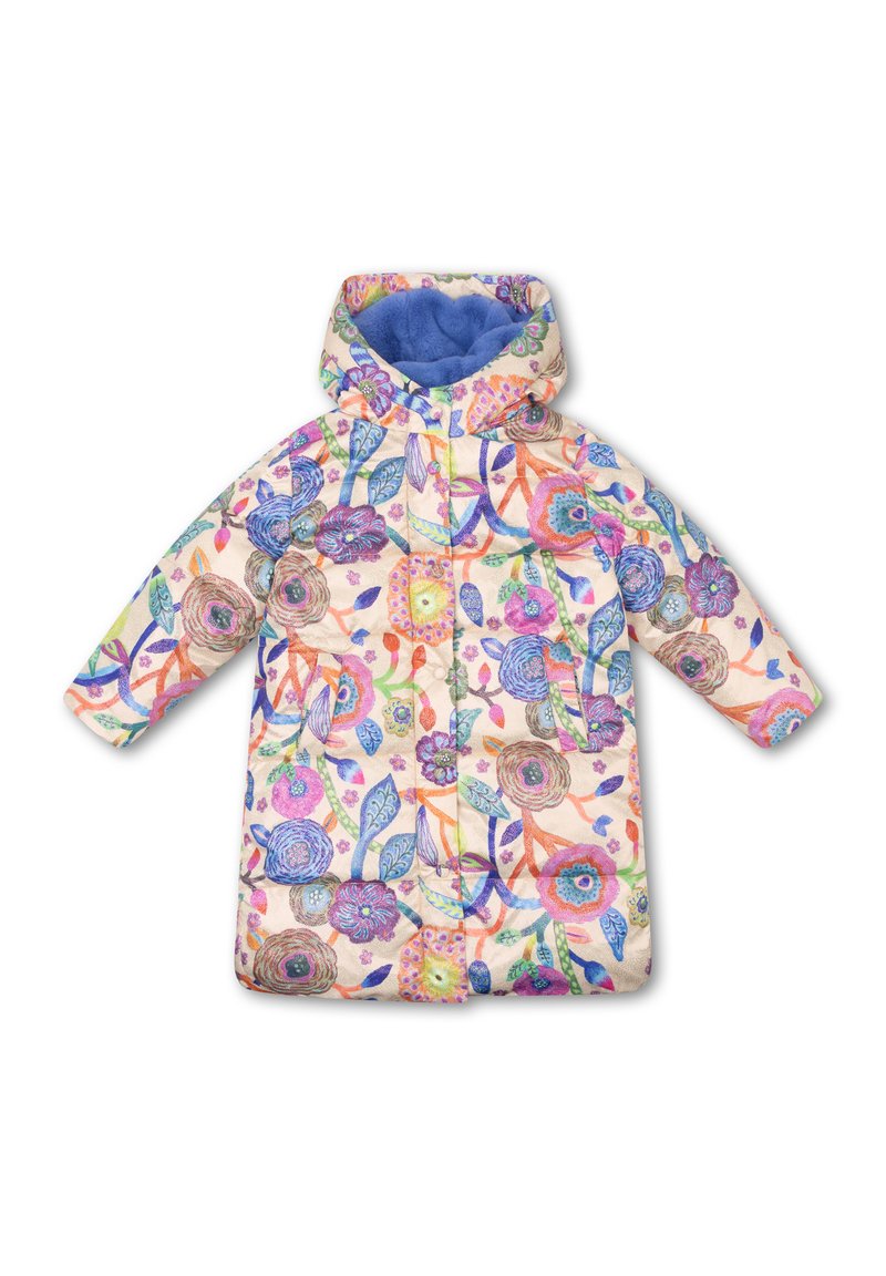 Lederen gewatteerde jas met een bloemmotief op een lichte achtergrond, meerkleurige bloemen, gevoerde capuchon en twee voorzakken. Zachte textuur en gewatteerd ontwerp.