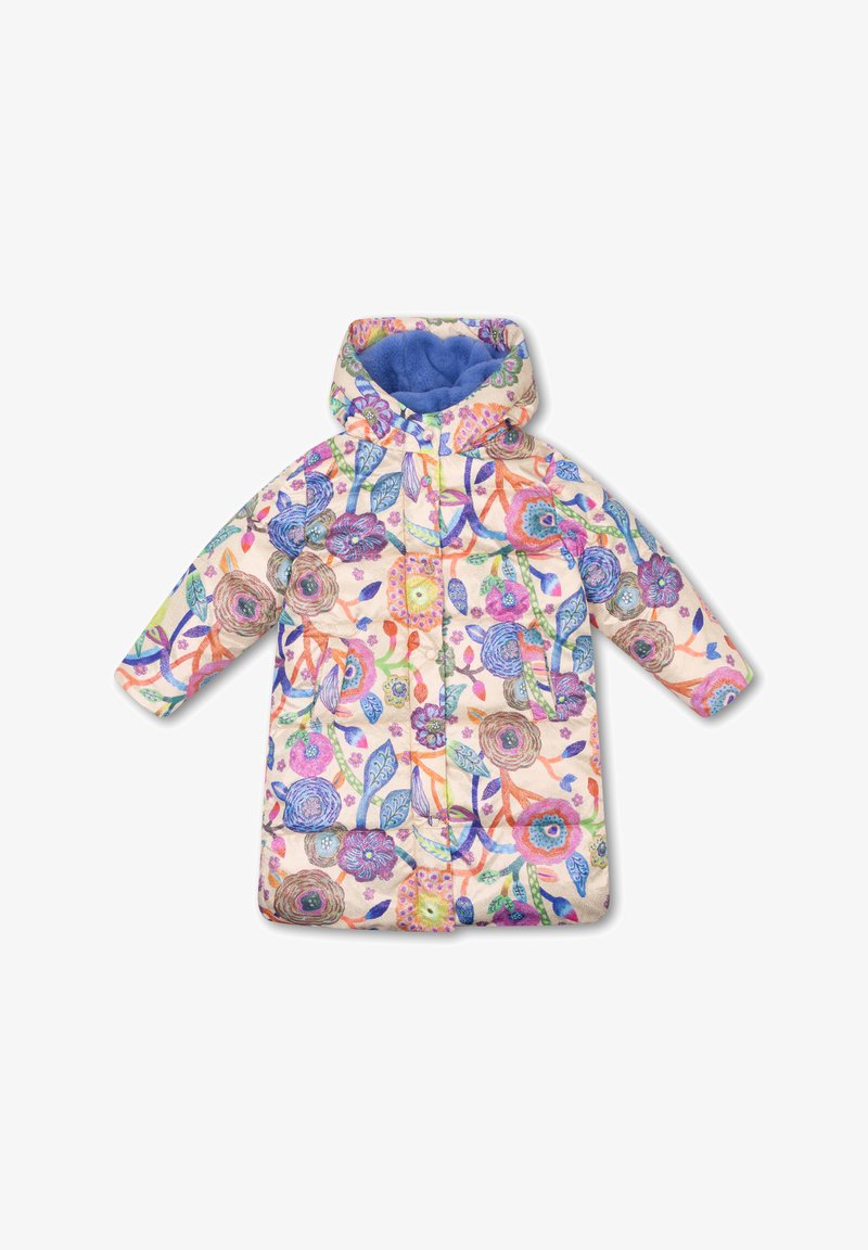 Lederen gewatteerde jas met een bloemmotief op een lichte achtergrond, meerkleurige bloemen, gevoerde capuchon en twee voorzakken. Zachte textuur en gewatteerd ontwerp.