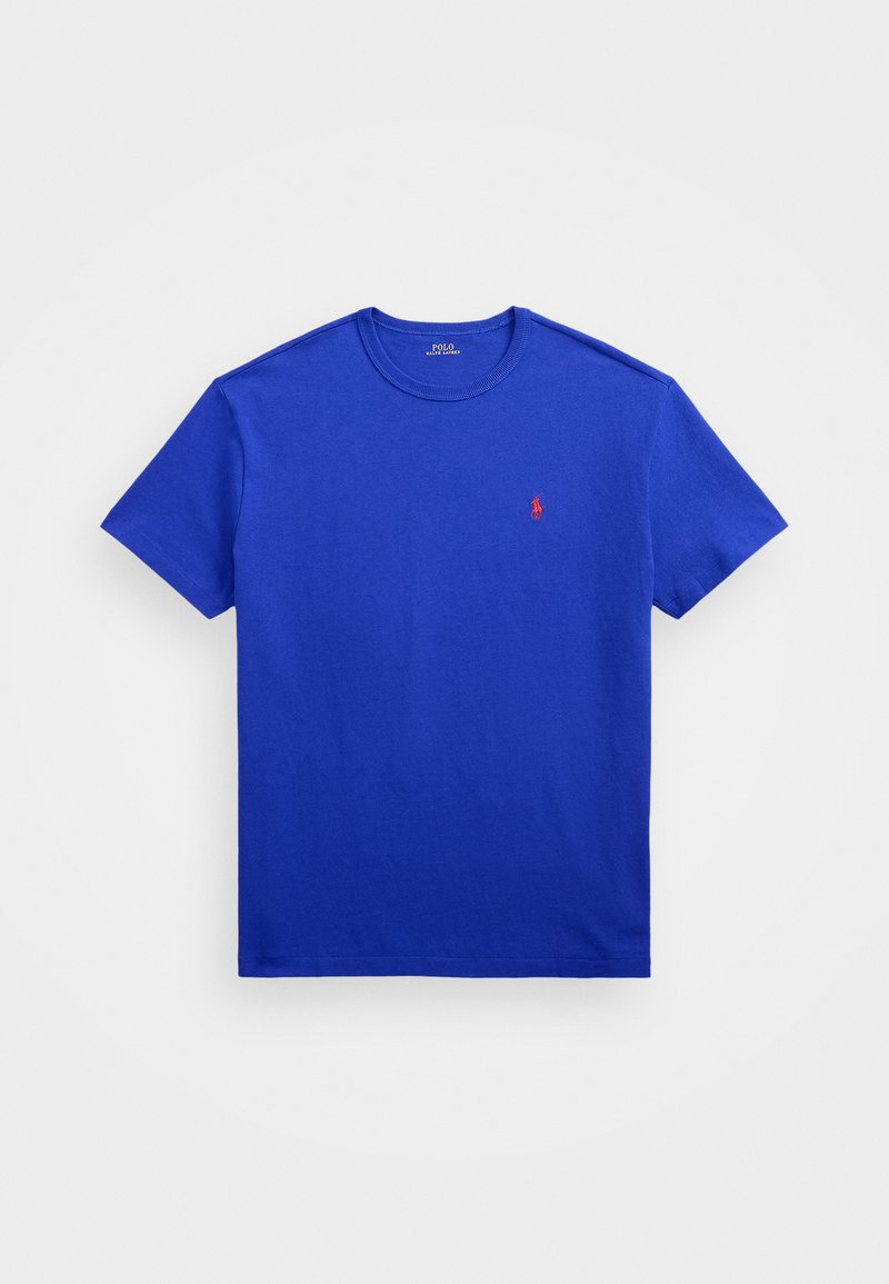 Koninklijk blauwe katoenen t-shirt met een klassieke ronde hals, korte mouwen en een klein, rood geborduurd logo op de borst. Zachte textuur, standaard pasvorm.