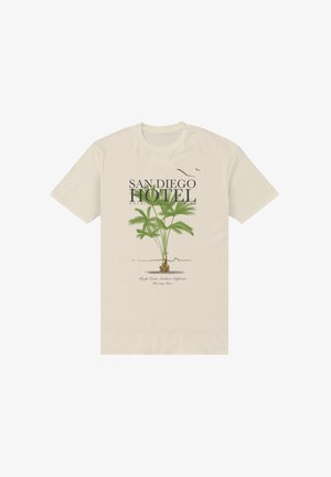 Beiges T-Shirt mit einer grünen Palme als Illustration und dem Text "San Diego Hotel" sowie "Pacific Coast, Südkalifornien."