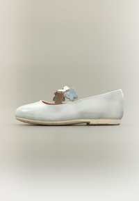 Ασημένιο μπαλαρίνα παπούτσι με στρογγυλεμένη μύτη, λείο υφή, διακοσμητικό πεταλούδα σε μπλε και λευκό, και λεπτομέρεια λουριού σε καφέ χρώμα.