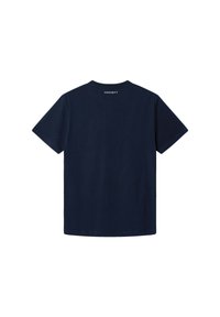 Donkerblauwe katoenen t-shirt, ronde hals, korte mouwen, met de merknaam "HACKETT" in het wit gedrukt op de rug, nabij de hals.
