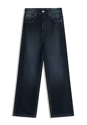 Wide-leg donkere spijkerbroeken met een gladde textuur, voorzien van een voorste knoopsluiting, vijf zakken en contrasterende stiksel details.