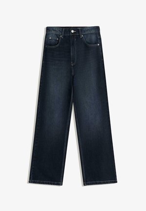 Wide-leg donkere spijkerbroeken met een gladde textuur, voorzien van een voorste knoopsluiting, vijf zakken en contrasterende stiksel details.