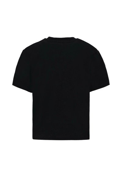 T-shirt en coton noir avec un col rond, des manches courtes et une coupe droite, affichant un design uni sans motifs ni embellissements.