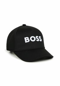 Cappellino da baseball nero in materiale sintetico con ricamo bianco "BOSS" sulla parte frontale e visiera curvata.