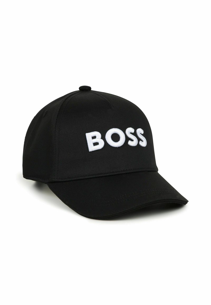 Cappellino da baseball nero in materiale sintetico con ricamo bianco "BOSS" sulla parte frontale e visiera curvata.
