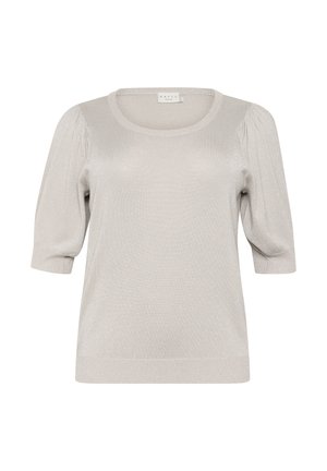 Light gray, textured knit top with short, puffed sleeves and a rounded neckline. Subtle shimmer accents enhance the fabric design.