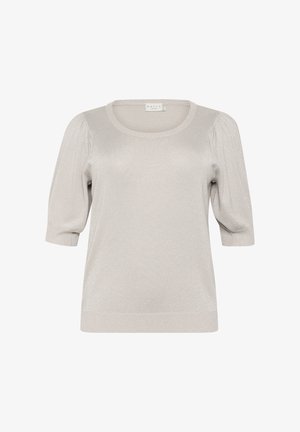 Svetlo šedý, štruktúrovaný pletený top s krátkymi, nafúknutými rukávmi a zaobleným výstrihom. Jemné trblietavé akcenty zvyšujú dizajn látky.