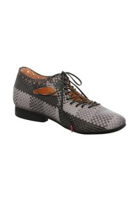 Laced shoe featuring a woven grey and black leather upper, rounded toe, low heel, cut-out accents, and tan interior.