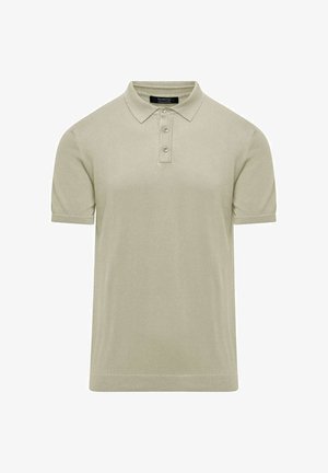 Hellbeige Polo-Shirt aus glattem Stoff, mit einem Kragen, einer Knopfleiste mit drei Knöpfen, kurzen Ärmeln und gerippten Bündchen.