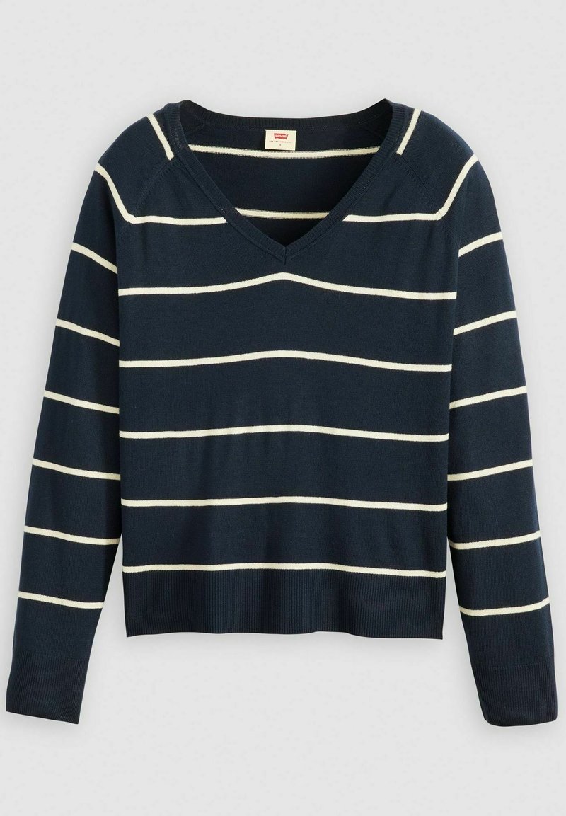 Pull en V bleu marine à manches longues, doté de rayures blanches horizontales. Texture côtelée aux poignets et à l'ourlet, en tissu léger.