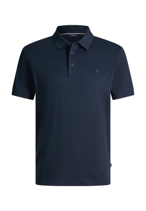 Polo a maniche corte blu navy con pattina a tre bottoni, colletto e piccolo logo ricamato sul petto a sinistra.