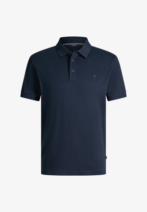 Polo a maniche corte blu navy con pattina a tre bottoni, colletto e piccolo logo ricamato sul petto a sinistra.