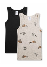 Due top: uno nero e uno grigio chiaro con una stampa di procione. Entrambi presentano scollature rotonde e un morbido materiale di cotone biologico.