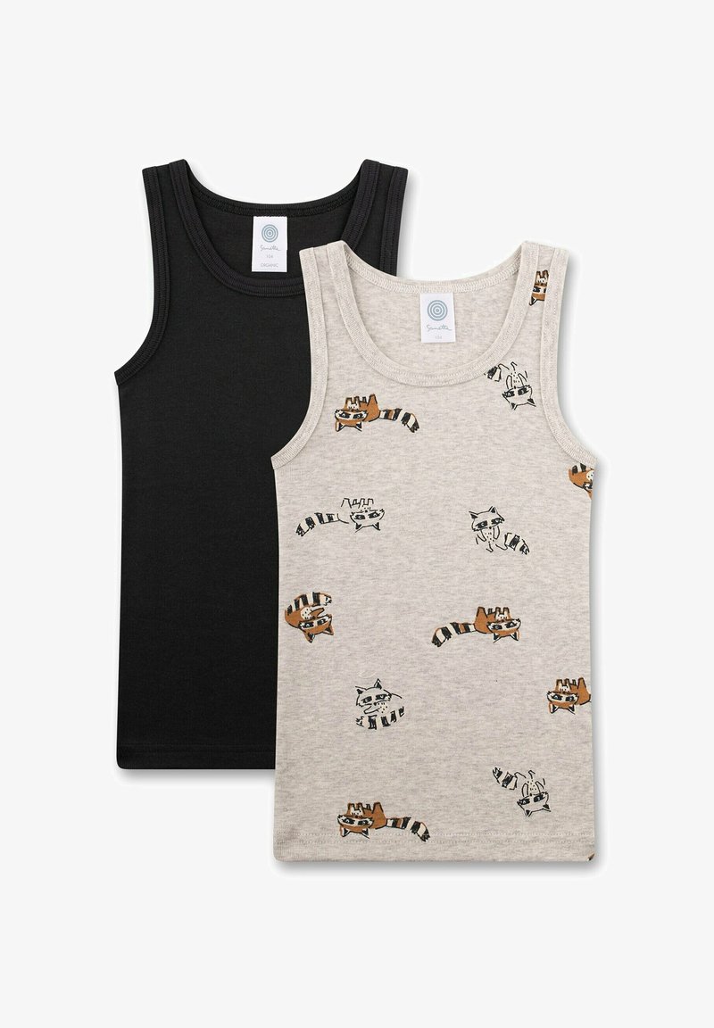 Two tank tops: one black, one light grey with a raccoon print. Both feature rounded necklines and soft, organic cotton material.