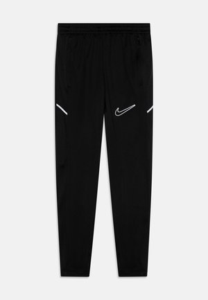 Black athletic pants with an elastic waistband, side pockets, and white Nike logo. Made of smooth, lightweight fabric for easy movement.