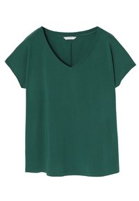 T-shirt verde a V con maniche corte, realizzato in tessuto morbido. Presenta una vestibilità rilassata e dettagli di cucitura minimi nel collo e all'orlo.