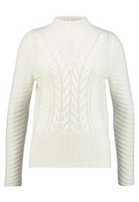 Weißer Strickpullover mit hohem Kragen, aufwendigen Zopfmustern sowie gerippten Bündchen und Saum. Das strukturierte Garn sorgt für ein gemütliches Erscheinungsbild.