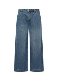 Denim culottes in een medium blauwe wassing, met een wijde pijpuitvoering, hoge taille en subtiele vervaging. Gestikte zoom en voorzakken.