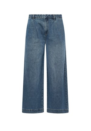 Denim culottes in a medium blue wash, featuring a wide leg design, high waist, and subtle fading. Stitched hem and front pockets.