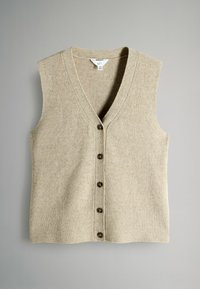 Bežový bezrukávový kardigán, rebrovaná textúra, výstrih do V, s piatimi tmavými gombíkmi vzadu, vyrobený z mäkkého a teplého materiálu.