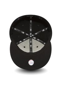 Black baseball cap with a rounded crown and flat bill. Interior features gray lining and black branding labels. Notable baseball graphic sticker on the brim.