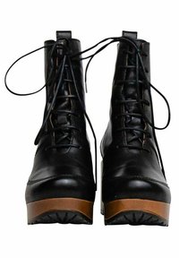 Black leather ankle boots with a high top, lace-up design, featuring a thick brown platform sole with a textured tread pattern.