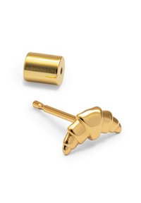 Gold-tone croissant-shaped stud earring with a smooth surface and curved detailing, paired with a cylindrical gold backing.