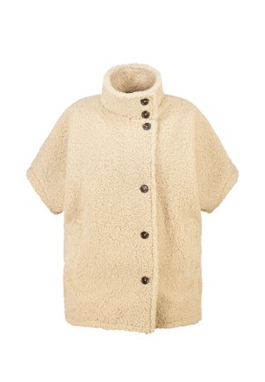 Crèmekleurige sherpa-jas met korte mouwen, hoge kraag en zes donkere knopen aan de voorkant, weergegeven tegen een witte achtergrond.