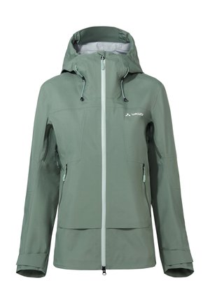 Hellgrüne wasserdichte Jacke mit Kapuze, Frontreißverschluss, zwei seitlichen Reißverschlusstaschen, verstellbaren Bündchen und Vaude-Logo auf der Brust.