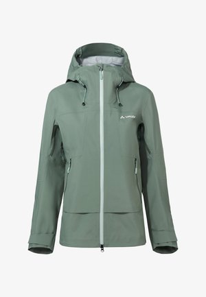 Hellgrüne wasserdichte Jacke mit Kapuze, Frontreißverschluss, zwei seitlichen Reißverschlusstaschen, verstellbaren Bündchen und Vaude-Logo auf der Brust.