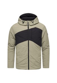 Hooded jacka i ljus khaki och svart, med en diagonalt färgblockdesign, främre dragkedja och en bröstficka. Texturerat, isolerat material.