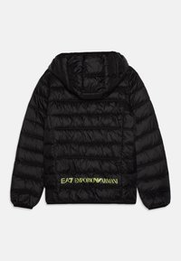 Črna puhovka s kapuco, prešito obliko, sijočo teksturo in elastičnimi manšetami. Značilnost je "EA7 EMPORIO ARMANI" natisnjeno v svetlo zeleni barvi.