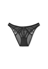 Tanga in pizzo nero con pannelli in rete, caratterizzato da intricati motivi floreali e un dettaglio con cerniera centrale. Spalline sottili e finitura liscia.