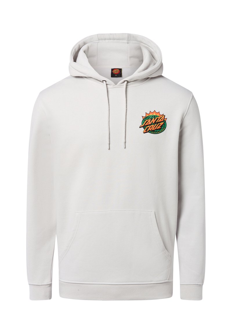 Witte hoodie met een voorzak en een capuchon met trekkoord. Heeft een kleurrijk "Santa Cruz"-logo op de borst. Zachte stoftextuur.