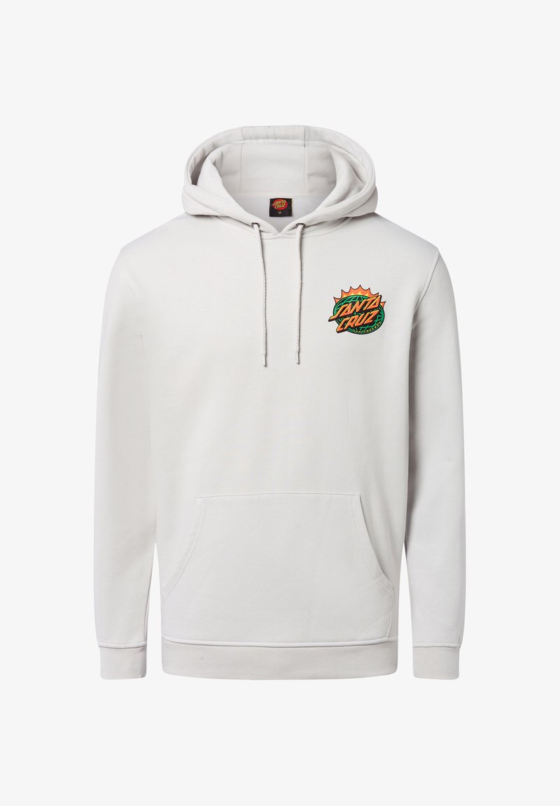 Witte hoodie met een voorzak en een capuchon met trekkoord. Heeft een kleurrijk "Santa Cruz"-logo op de borst. Zachte stoftextuur.