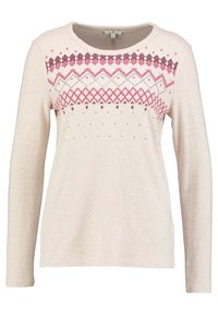 Maglione lavorato a maglia color beige chiaro con maniche lunghe, dotato di un motivo a scollo in tonalità di rosa e rosso, con sottili decorazioni nella parte inferiore.