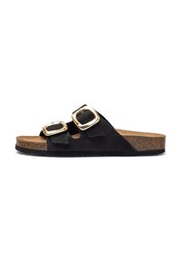 Sandalias de ante negro con dos hebillas de tono dorado, planta de corcho y suela de goma texturizada negra. Diseño de punta abierta con correas ajustables.
