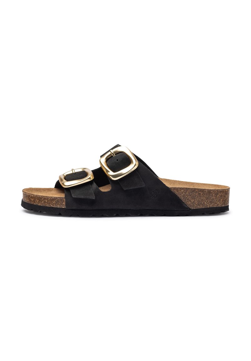 Sandalias de ante negro con dos hebillas de tono dorado, planta de corcho y suela de goma texturizada negra. Diseño de punta abierta con correas ajustables.