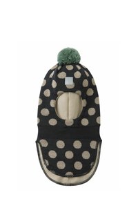 Dzianinowa czapka z czarnym tłem i beżowymi kropkami. Posiada zielony pompon na czubku, otwarty fason oraz miękką podszewkę.