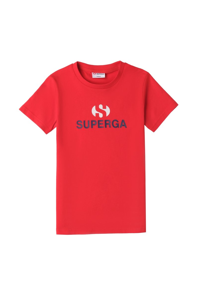 Camiseta de algodón roja con mangas cortas y cuello redondo, que presenta un logo azul "SUPERGA" impreso en el frente. Textura suave, corte estándar.