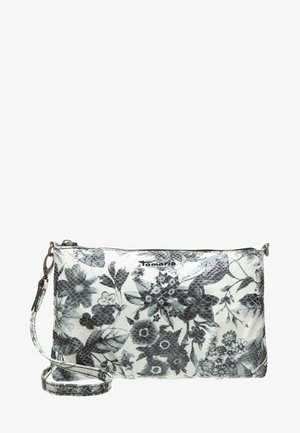 Mała torebka na nadgarstek z czarno-białym kwiatowym wzorem, fakturą skóry węża, zamknięciem na zamek oraz odpinanym paskiem.