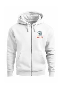 White zip-up hoodie with a kangaroo pocket. Features a printed leopard design and "NVLS CO" logo in orange and blue. Soft fabric texture.